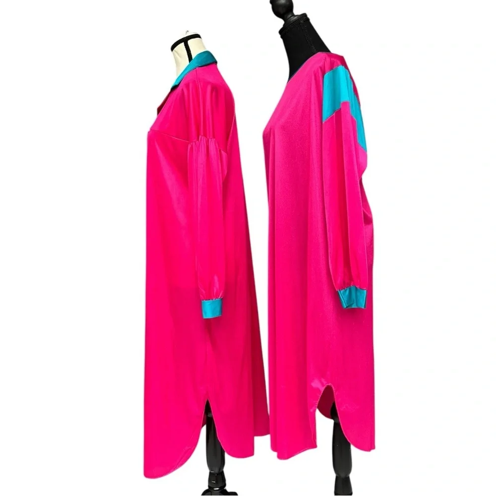 Vintage 80s Nylon Nightgown Robe Set Pink Teal Lounge Set Long Sleepwear